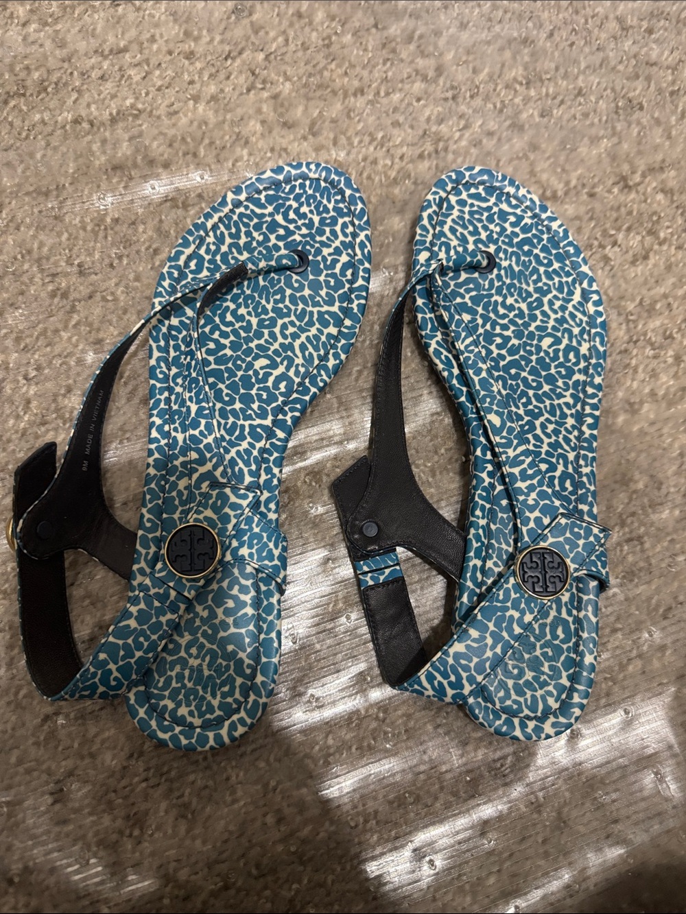 Tory Burch Teal Leopard Print Slingback Sandals